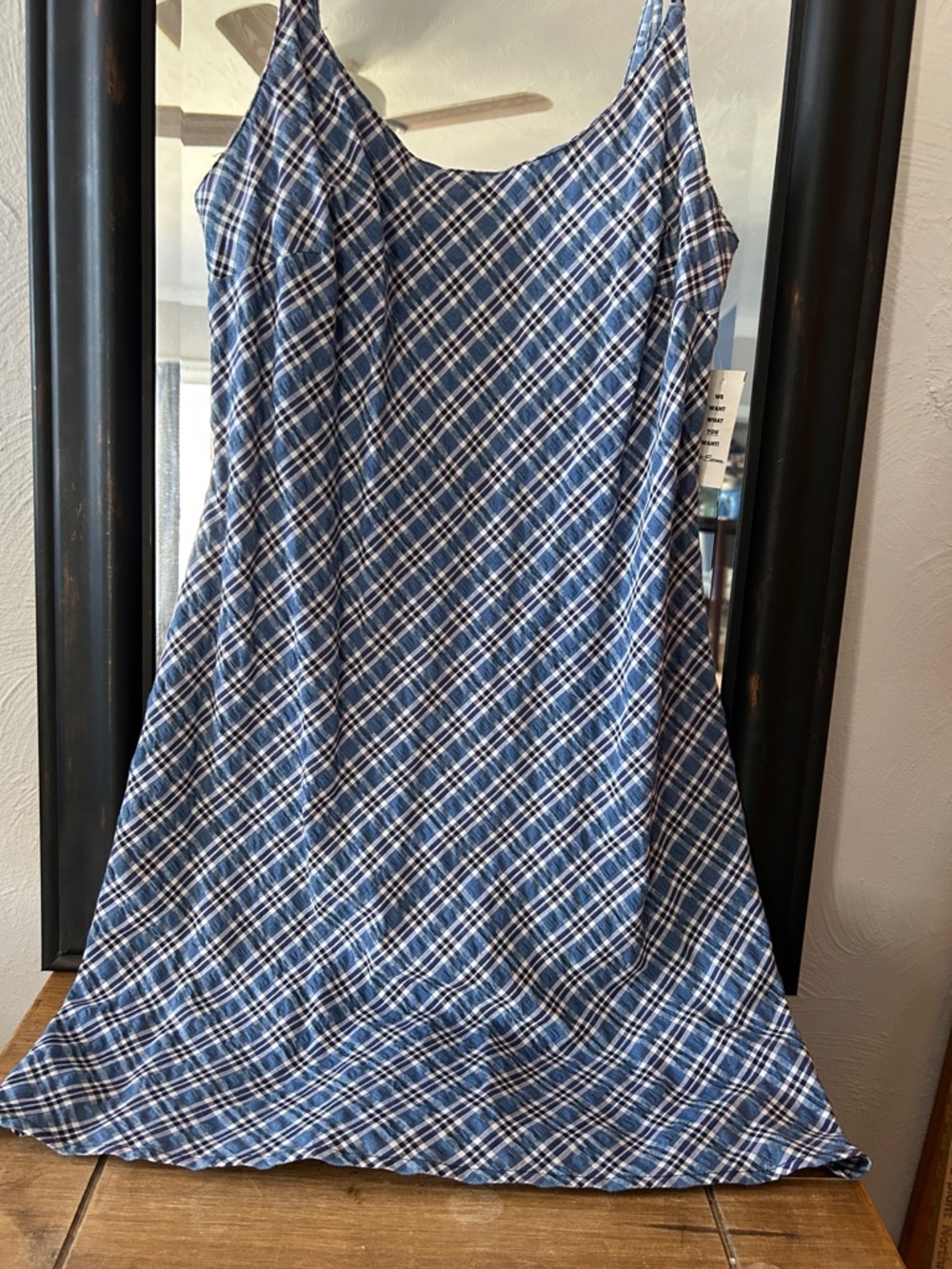 VTG NWT 90s Daisy Gingham Spaghetti Strap Shift Dress Blues/White Size 9 Jrs